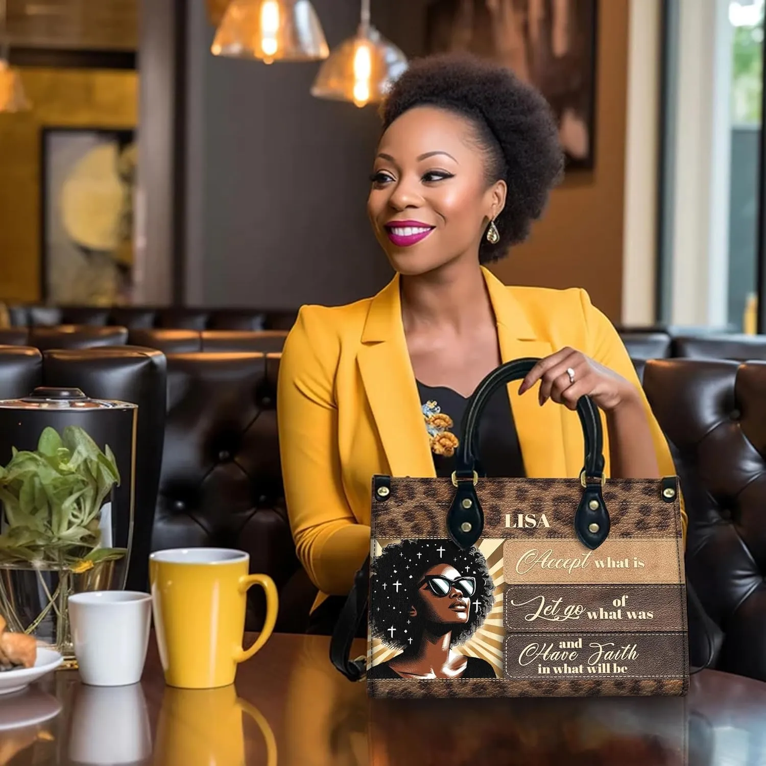 Personalized Leather Handbag For Black African Women – Matching Purse and Wallet Set – Mother's Day Gifts for Melanin Woman