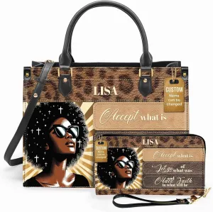 Personalized Leather Handbag For Black African Women – Matching Purse and Wallet Set – Mother's Day Gifts for Melanin Woman