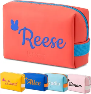 Personalized Makeup Bag, Custom Cosmetic Bag with Embroidered Name PU Leather Travel Organizer Toiletry Bag Make Up Bags, Gift for Bridesmaid Bride Wedding (Red)