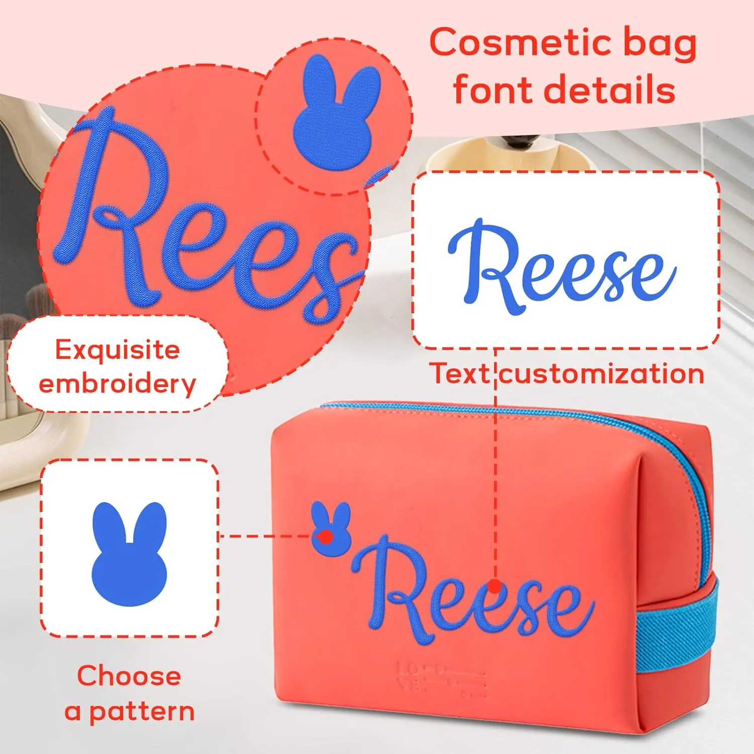 Personalized Makeup Bag, Custom Cosmetic Bag with Embroidered Name PU Leather Travel Organizer Toiletry Bag Make Up Bags, Gift for Bridesmaid Bride Wedding (Red)