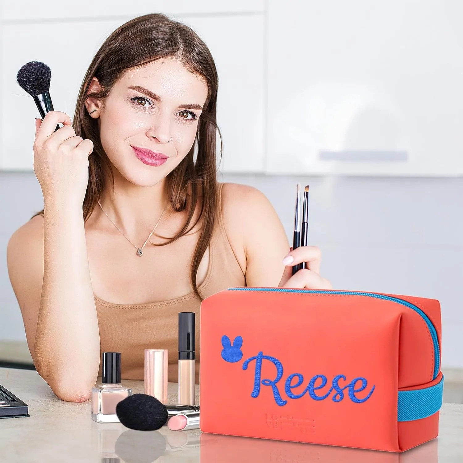 Personalized Makeup Bag, Custom Cosmetic Bag with Embroidered Name PU Leather Travel Organizer Toiletry Bag Make Up Bags, Gift for Bridesmaid Bride Wedding (Red)