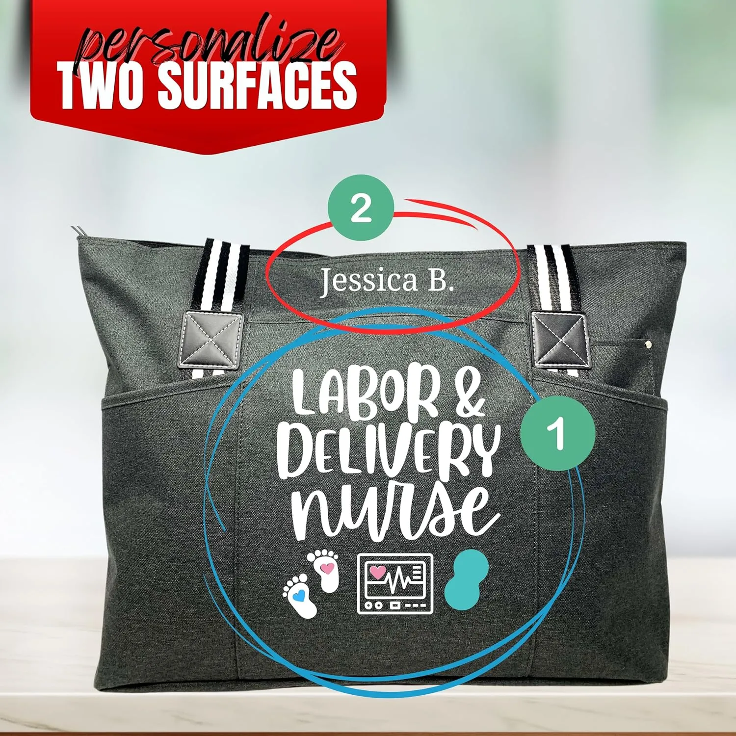 Personalized Nurse Tote Bag for Work - Custom Designed Tote Bag for Nurses with zipper and interior pockets for Medical Workers, CNA, RN, Doctor, Medical Worker (Black)