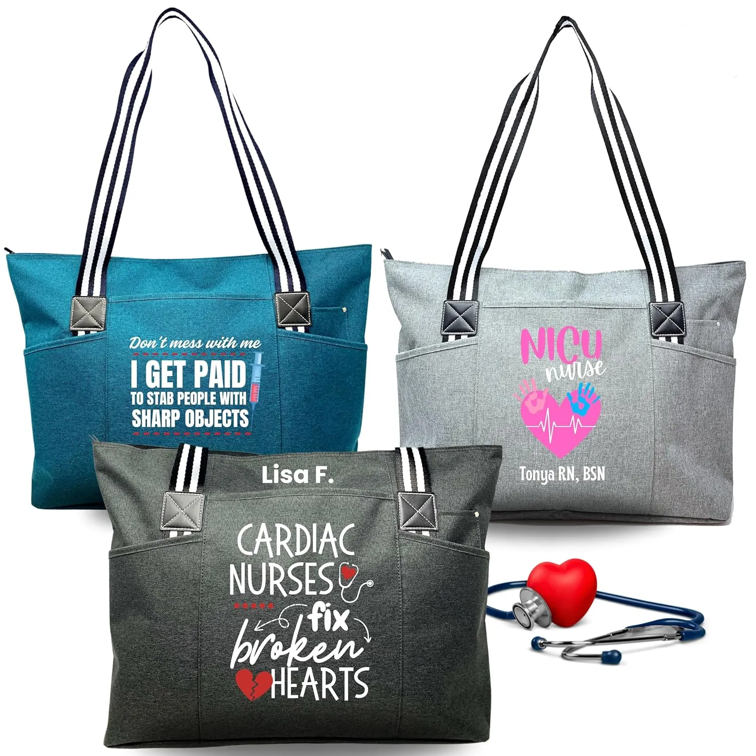 Personalized Nurse Tote Bag for Work - Custom Designed Tote Bag for Nurses with zipper and interior pockets for Medical Workers, CNA, RN, Doctor, Medical Worker (Black)