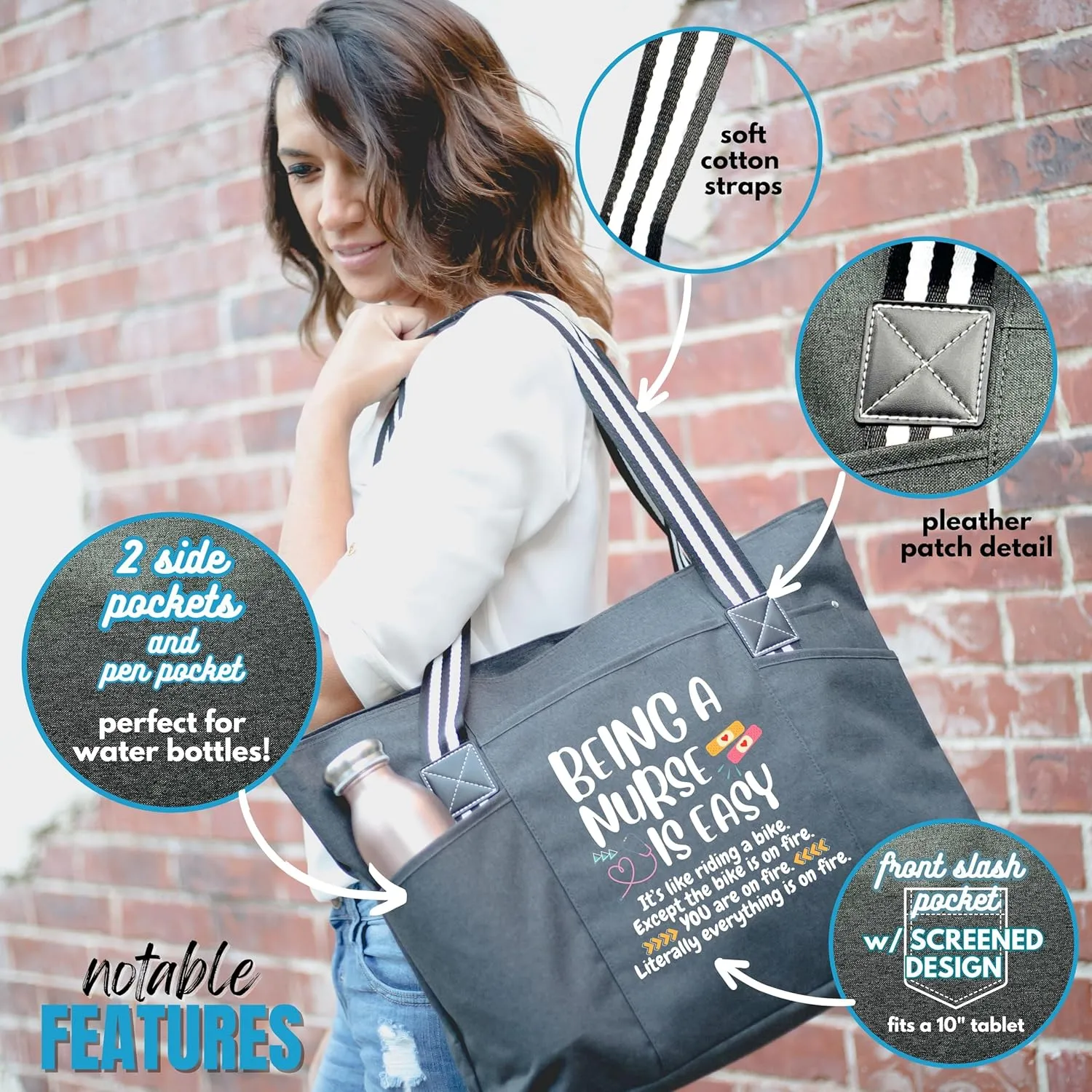 Personalized Nurse Tote Bag for Work - Custom Designed Tote Bag for Nurses with zipper and interior pockets for Medical Workers, CNA, RN, Doctor, Medical Worker (Black)