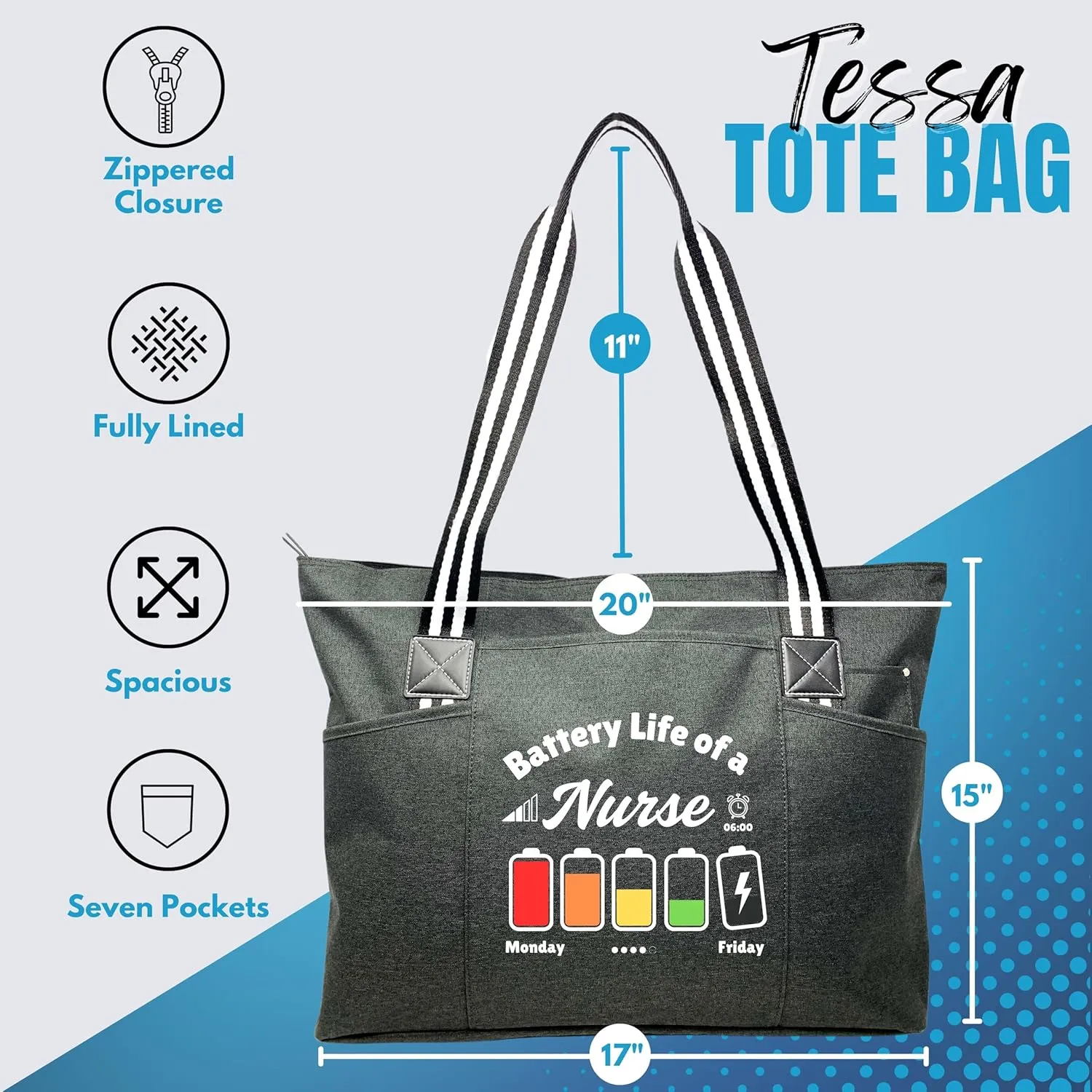 Personalized Nurse Tote Bag for Work - Custom Designed Tote Bag for Nurses with zipper and interior pockets for Medical Workers, CNA, RN, Doctor, Medical Worker (Black)