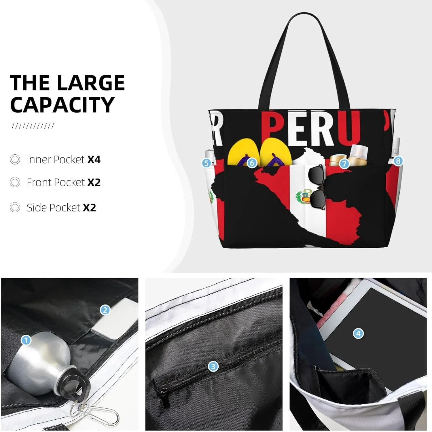 Peruvian Peru Flag Tote Bag With 8 Storage Pockets Top Zip Shoulder Bag Handbag For Travel Work Women