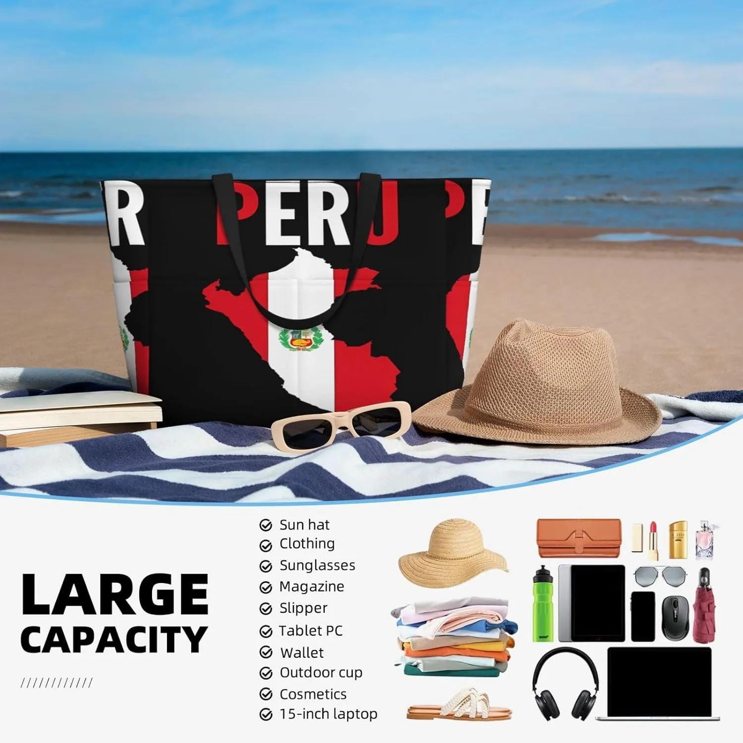 Peruvian Peru Flag Tote Bag With 8 Storage Pockets Top Zip Shoulder Bag Handbag For Travel Work Women