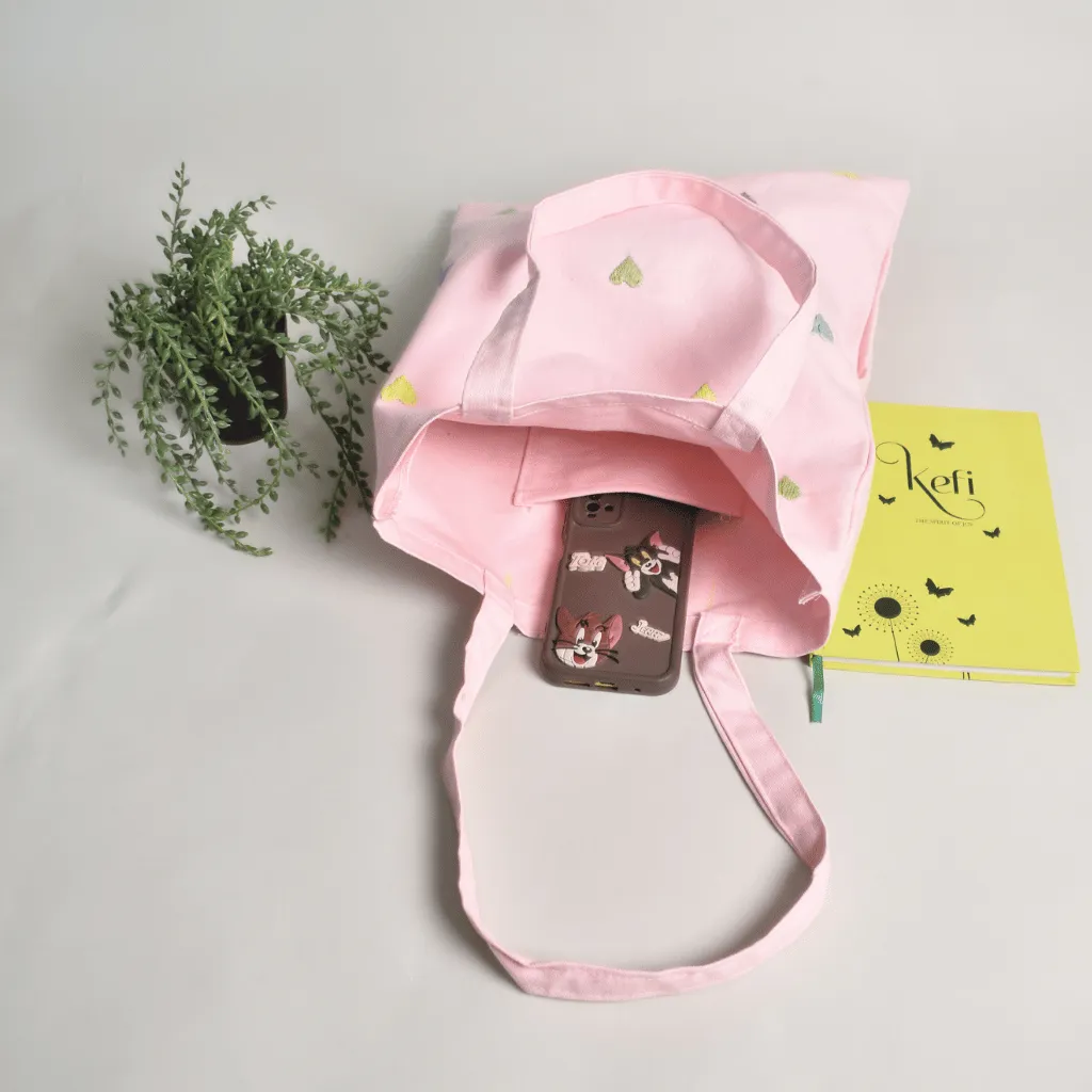 Pink Canvas tote bag with small hearts embroidery