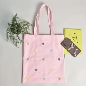 Pink Canvas tote bag with small hearts embroidery