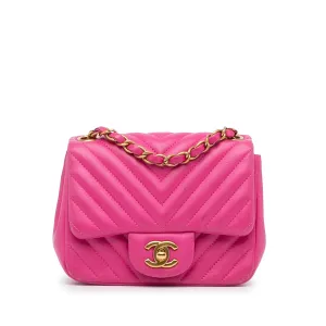 Pink Chanel Mini Square Classic Chevron Lambskin Single Flap Crossbody Bag