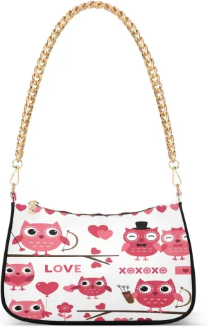 Pink Owls Romantic Shoulder Handbags for Women Travel Hobo Tote Handbag Women Gold Chain Shoulder Bags Purse with Zipper Closure