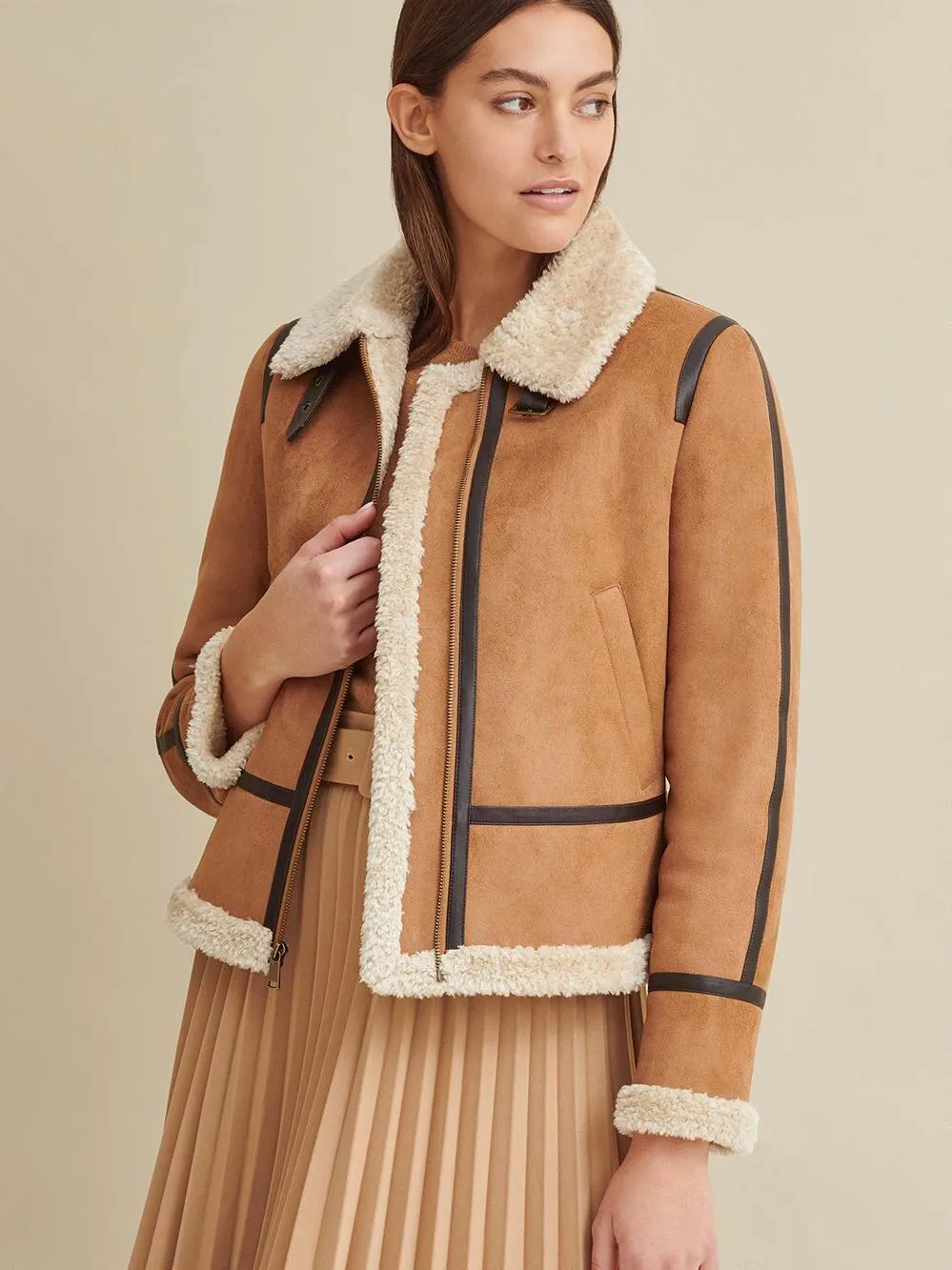 Piped Faux Shearling Coat