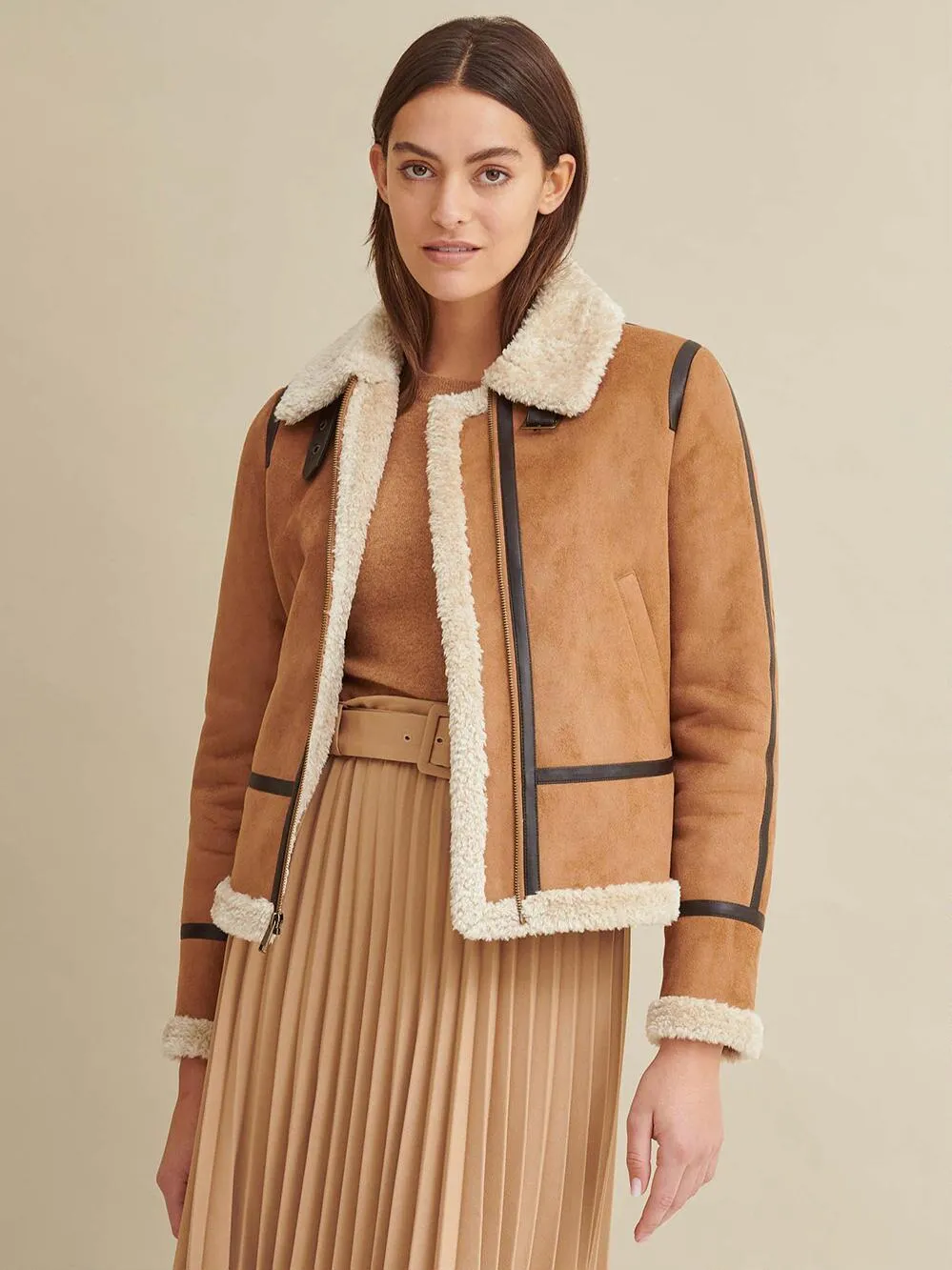Piped Faux Shearling Coat