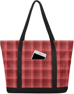 Plaid Chess Board Red Canvas Tote Bag Casual Shoulder Handbag Large Shopping Bags With 5 Pocket Carry On Weekender Backpack for Women Travel Work Gifts Duffle Grocery Compartment