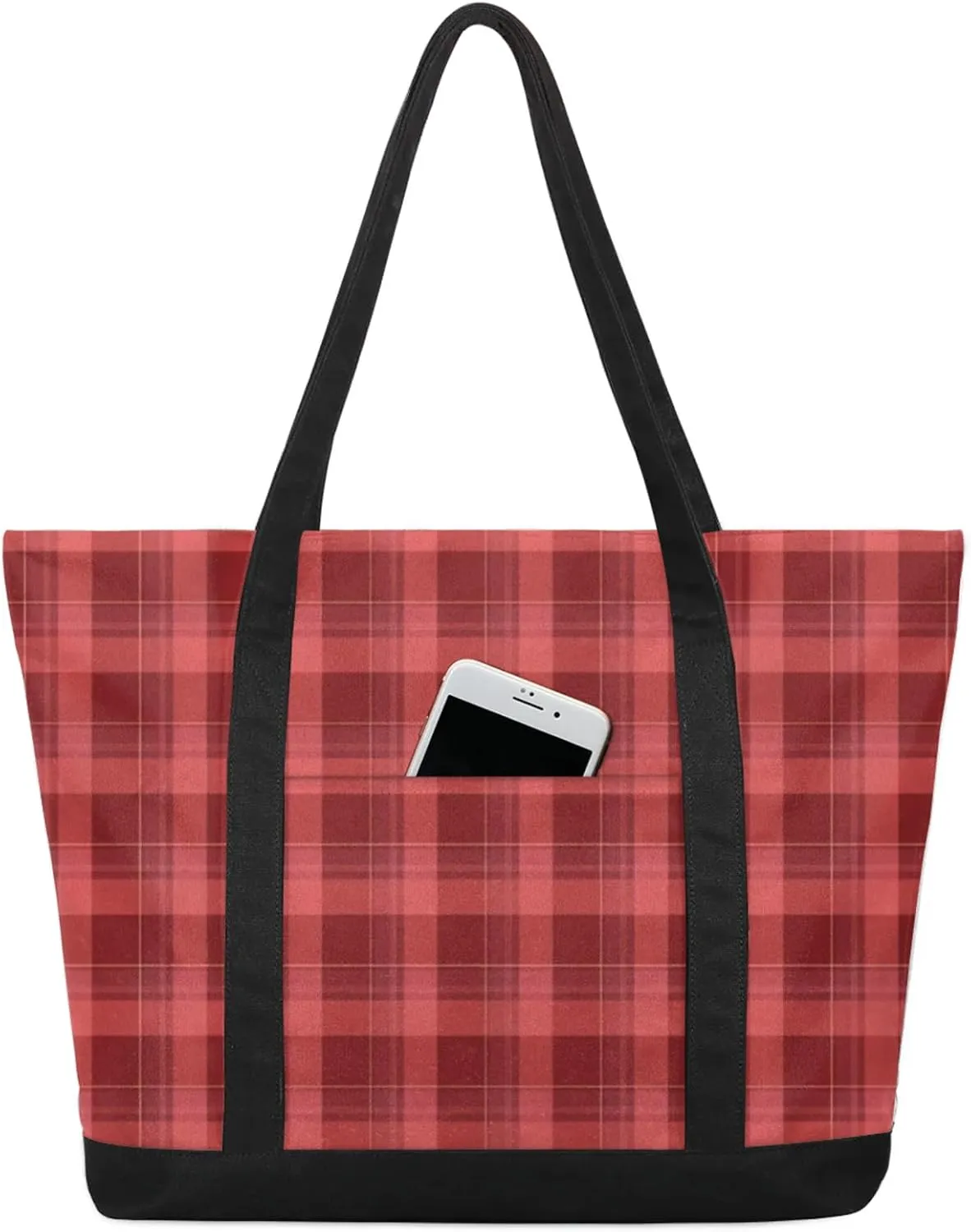Plaid Chess Board Red Canvas Tote Bag Casual Shoulder Handbag Large Shopping Bags With 5 Pocket Carry On Weekender Backpack for Women Travel Work Gifts Duffle Grocery Compartment