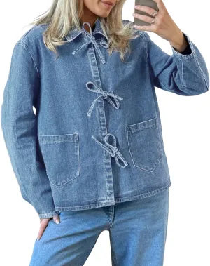 PLNOTME Womens Jean Jacket Tie Front Denim Shacket Tops Fall Fashion Long Sleeve Shirts Coat with Pockets