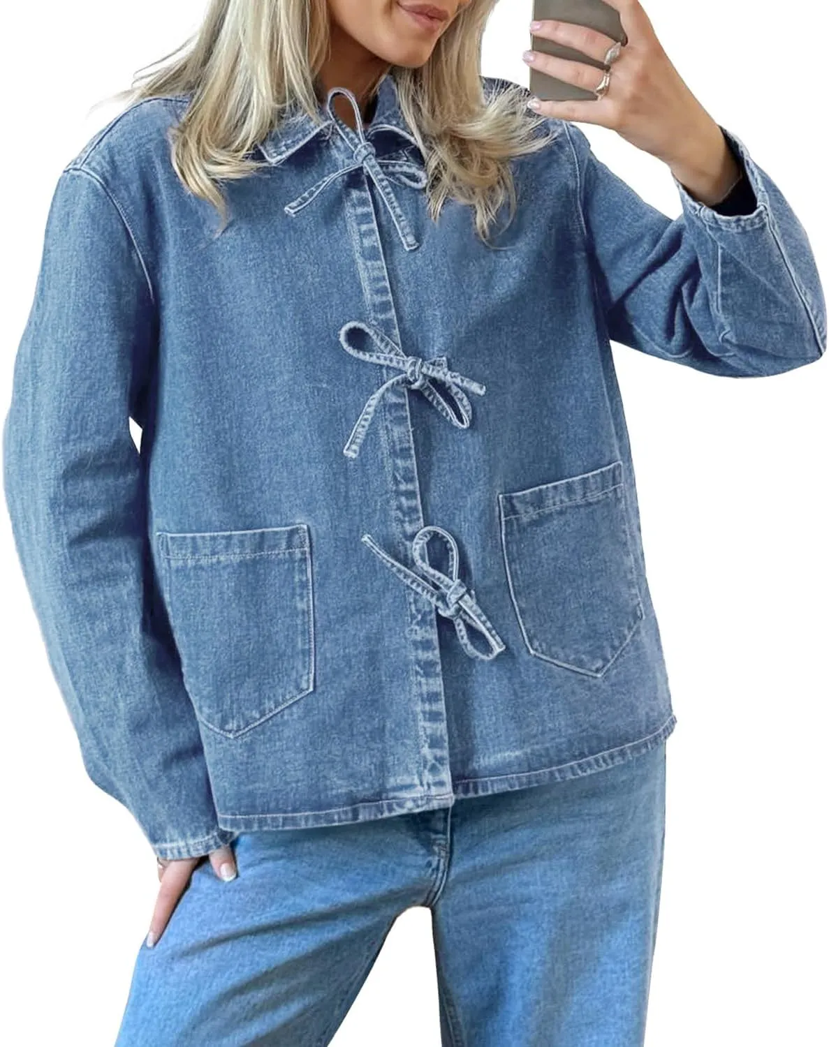 PLNOTME Womens Jean Jacket Tie Front Denim Shacket Tops Fall Fashion Long Sleeve Shirts Coat with Pockets