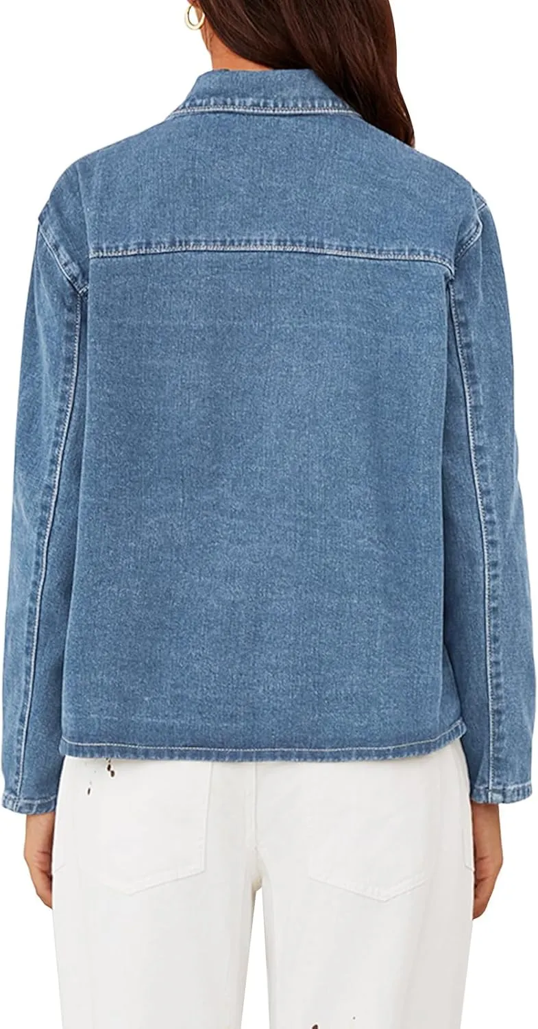 PLNOTME Womens Jean Jacket Tie Front Denim Shacket Tops Fall Fashion Long Sleeve Shirts Coat with Pockets