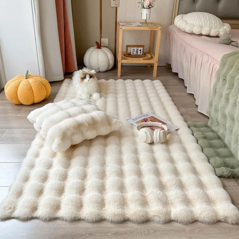 Poowe Ultra Soft Fluffy Rug Beige Faux Sheepskin Fur Area Rug Shaggy Couch Cover Seat Cushion Furry Carpet Beside Rugs for Bedroom Floor Sofa Living Room Runner, 2x6 Feet