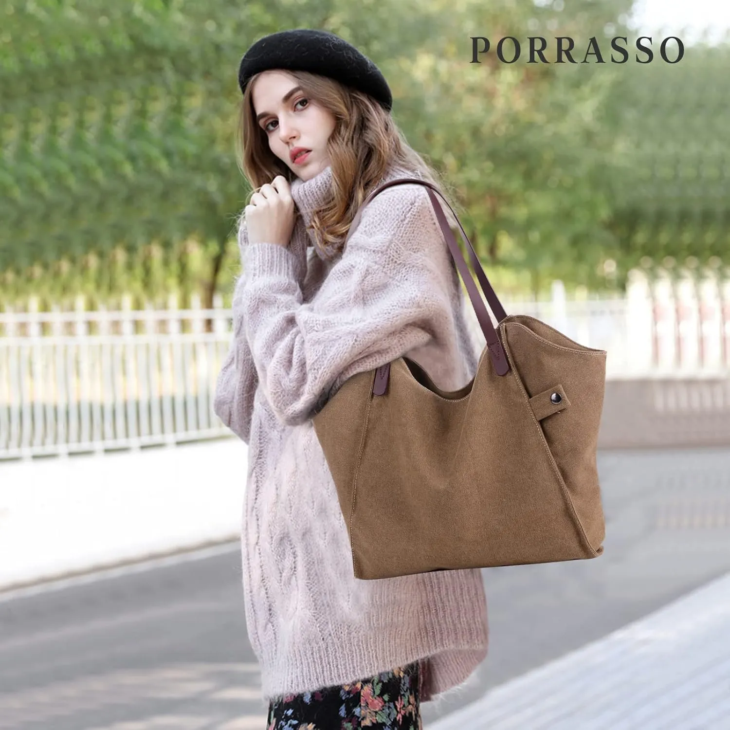 PORRASSO Women's Handbag Canvas Tote Large Shoulder Bag Ladies Hobo Top-Handle Bag