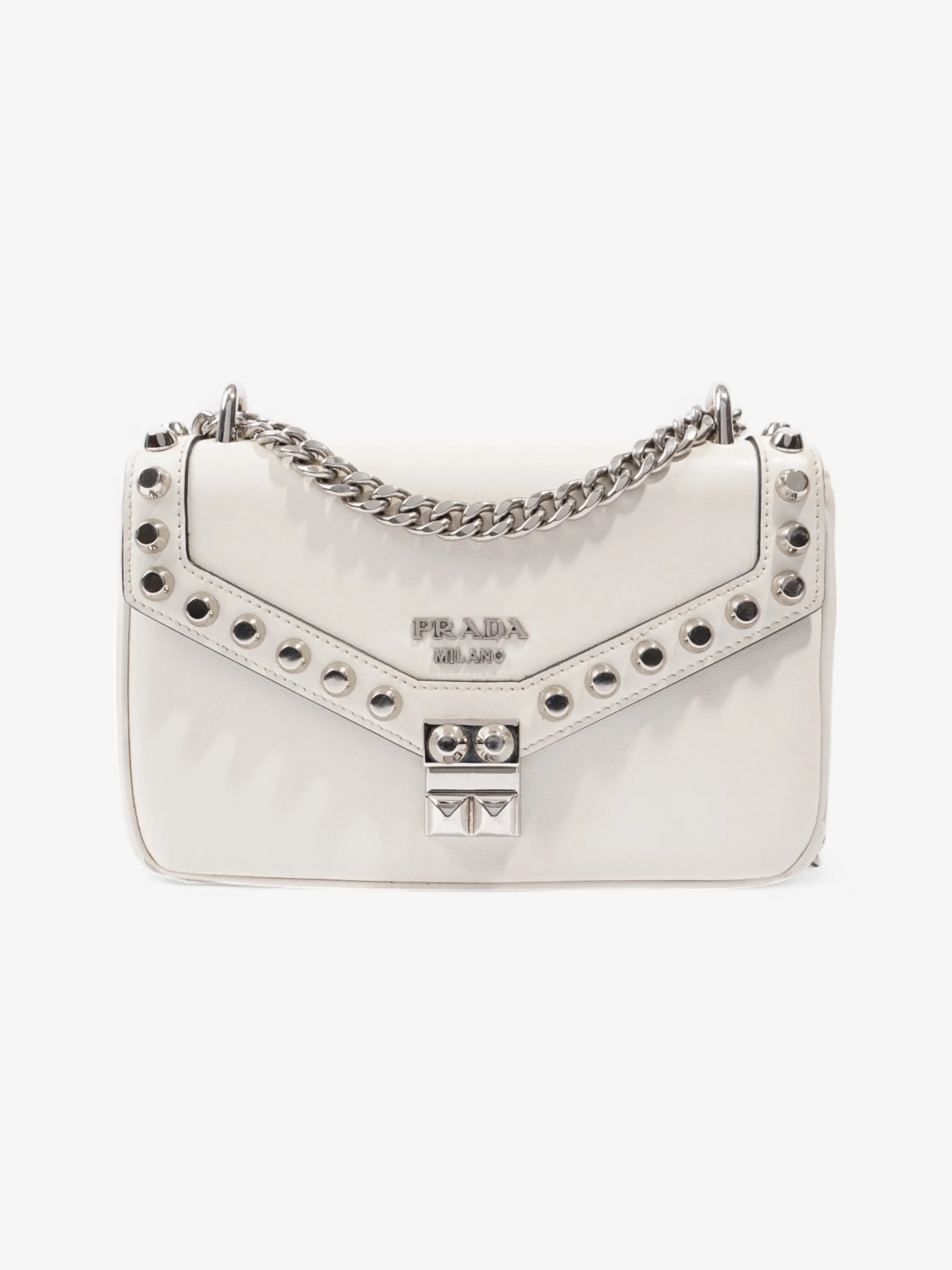 Prada Studded Shoulder Bag White Leather