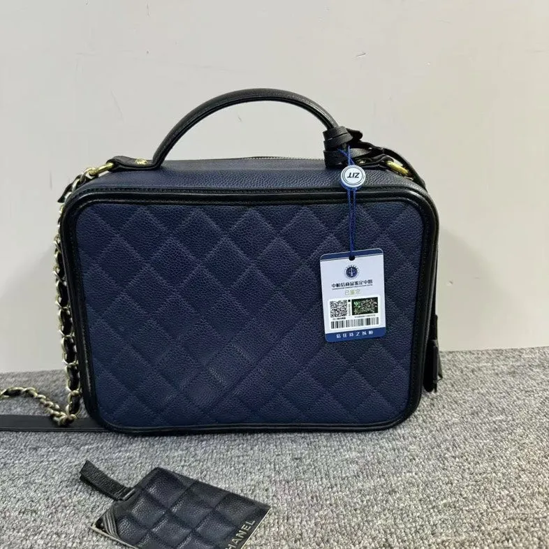 Preloved Chanel Box Bag Navy Blue Leather Shoulder Bag