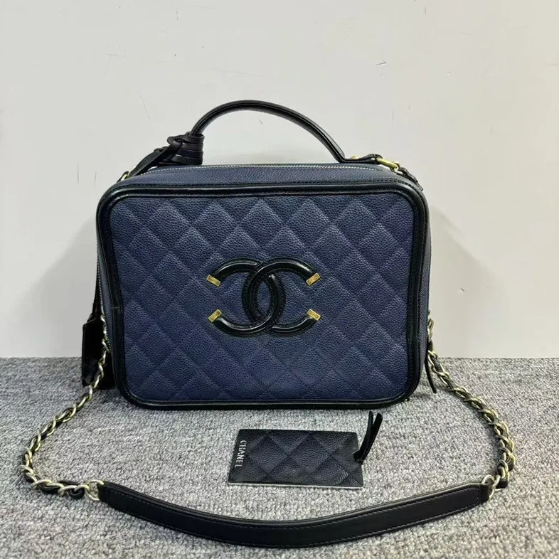 Preloved Chanel Box Bag Navy Blue Leather Shoulder Bag