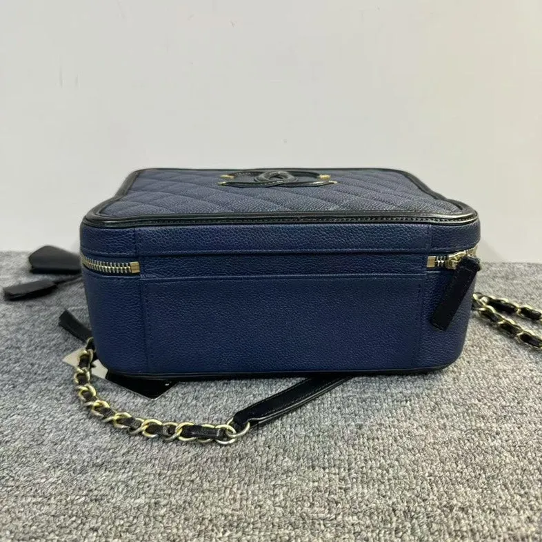 Preloved Chanel Box Bag Navy Blue Leather Shoulder Bag
