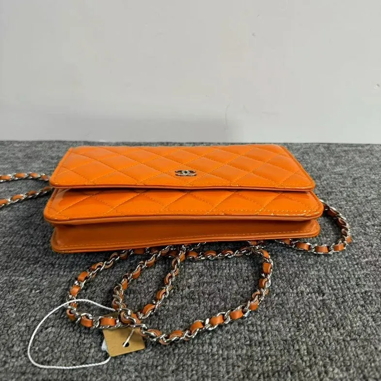 Preloved Chanel Chain Bag Patent Leather Orange Shoulder Bag