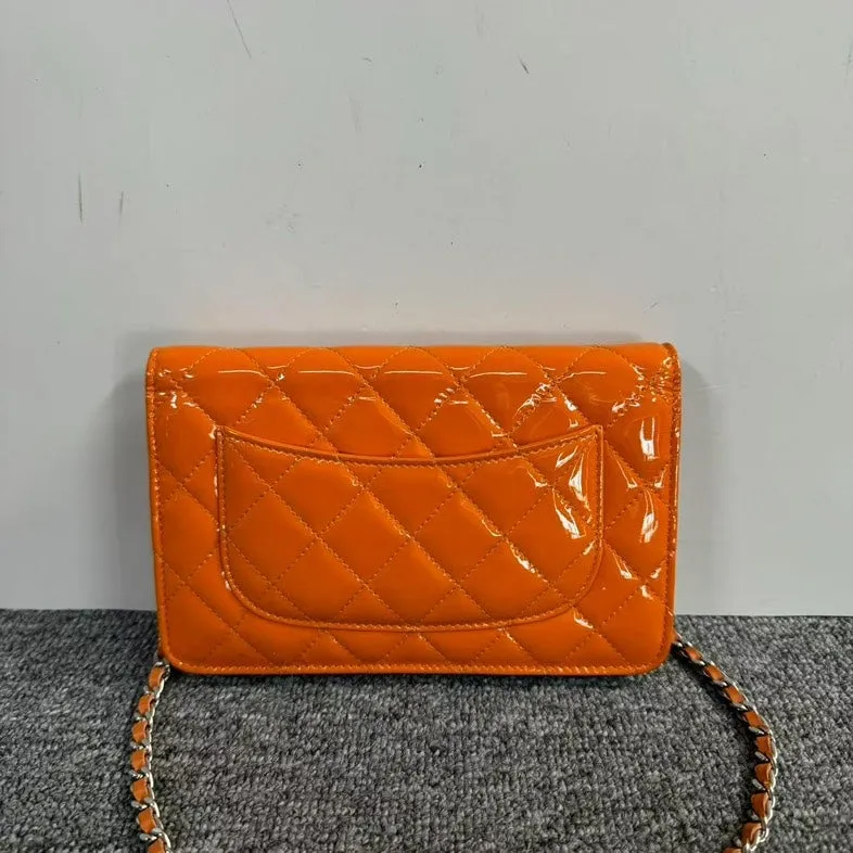Preloved Chanel Chain Bag Patent Leather Orange Shoulder Bag