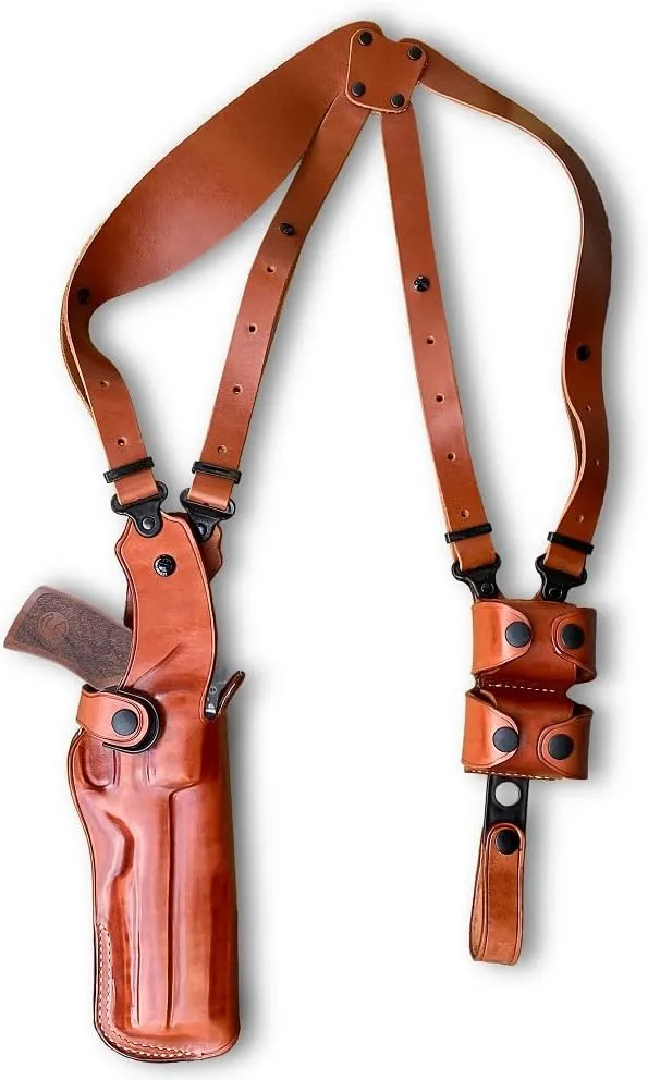 Premium Leather Vertical Shoulder Holster System with Double Speed Loader Pouch, for Rhino 60DS 357 Mag/9mm 6'' Barrel, Right Hand Draw, Brown Color #1266#