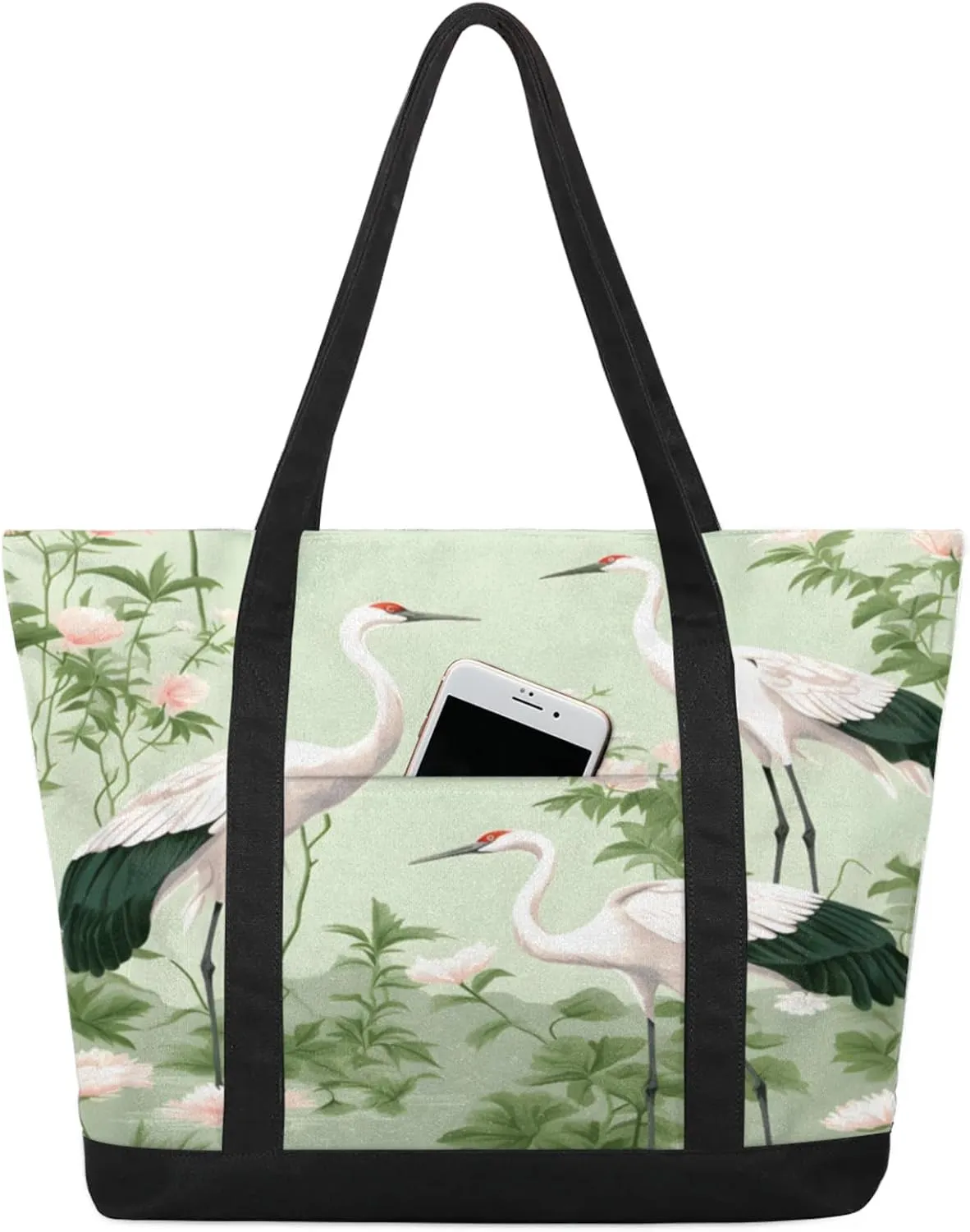 Pretty Cranes Canvas Tote Bag Casual Shoulder Handbag Large Shopping Bags With 5 Pocket Carry On Weekender Backpack for Women Travel Work Gifts Duffle Grocery Compartment