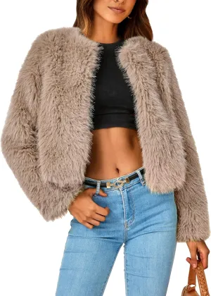PRETTYGARDEN Women's 2025 Winter Coats Fleece Cropped Jacket Faux Fur Long Sleeve Pockets Shaggy Warm Outerwear Fall Clothes