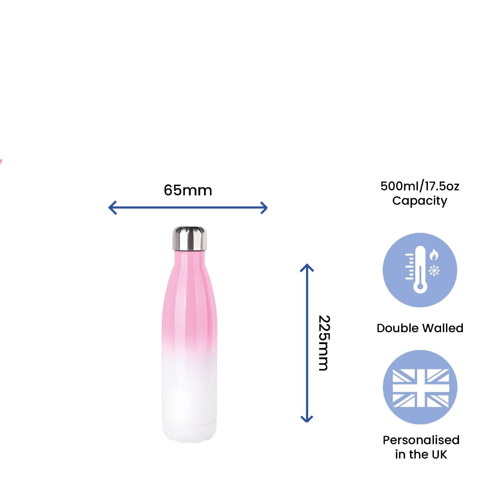 Printed Pink Gradient Thermal Bottle, Any Message, Stainless Steel 500ml/17oz
