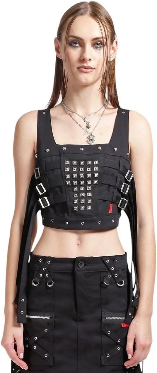 Protector Studded Gothic Crop Top Corset, Adjustable Buckle Straps, Metal Hardware
