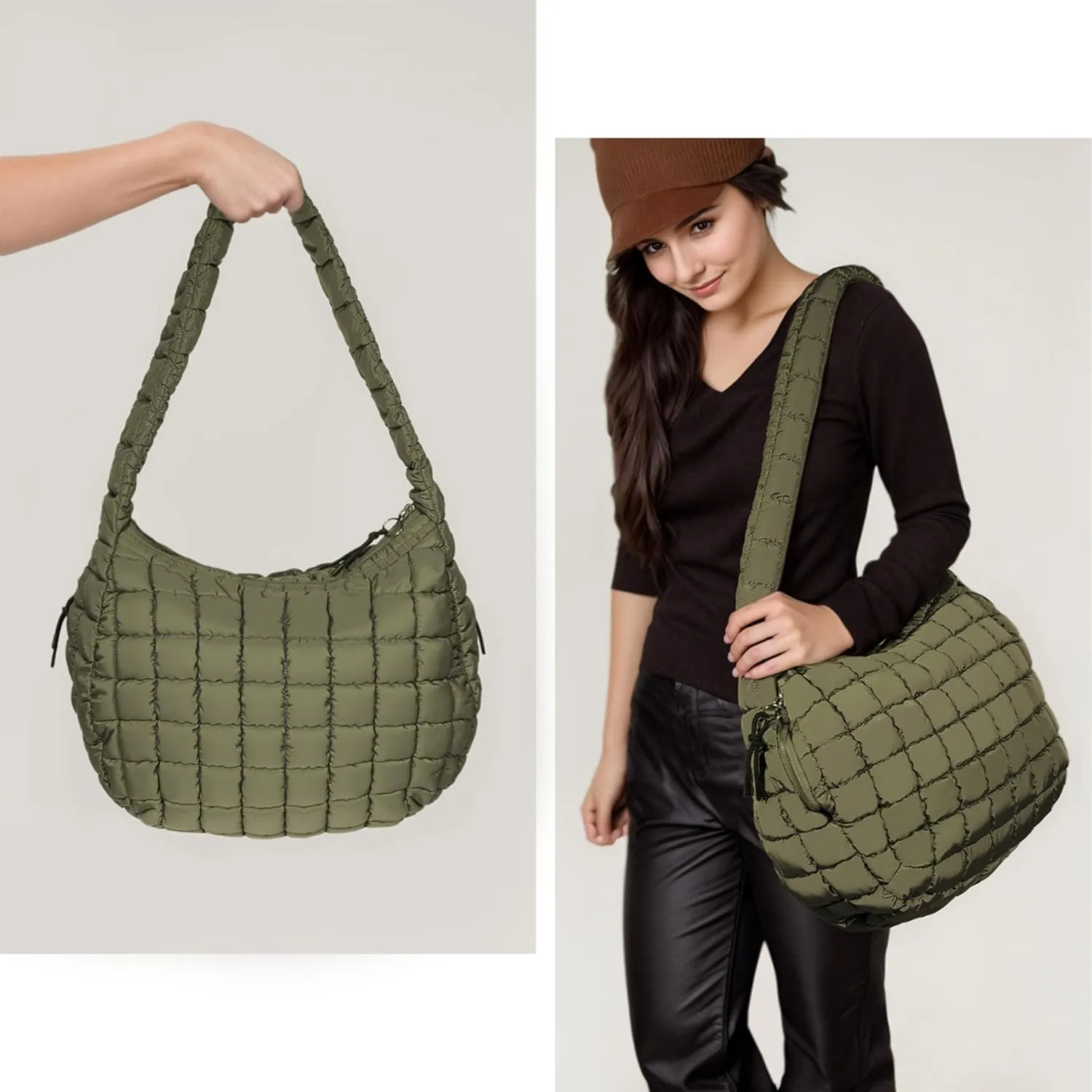 Puffer Tote Bag for Women Large Quilted Tote Bag Crossbody Lightweight Nylon Puffy Hobo Bag Carryall Shoulder Bag for Women