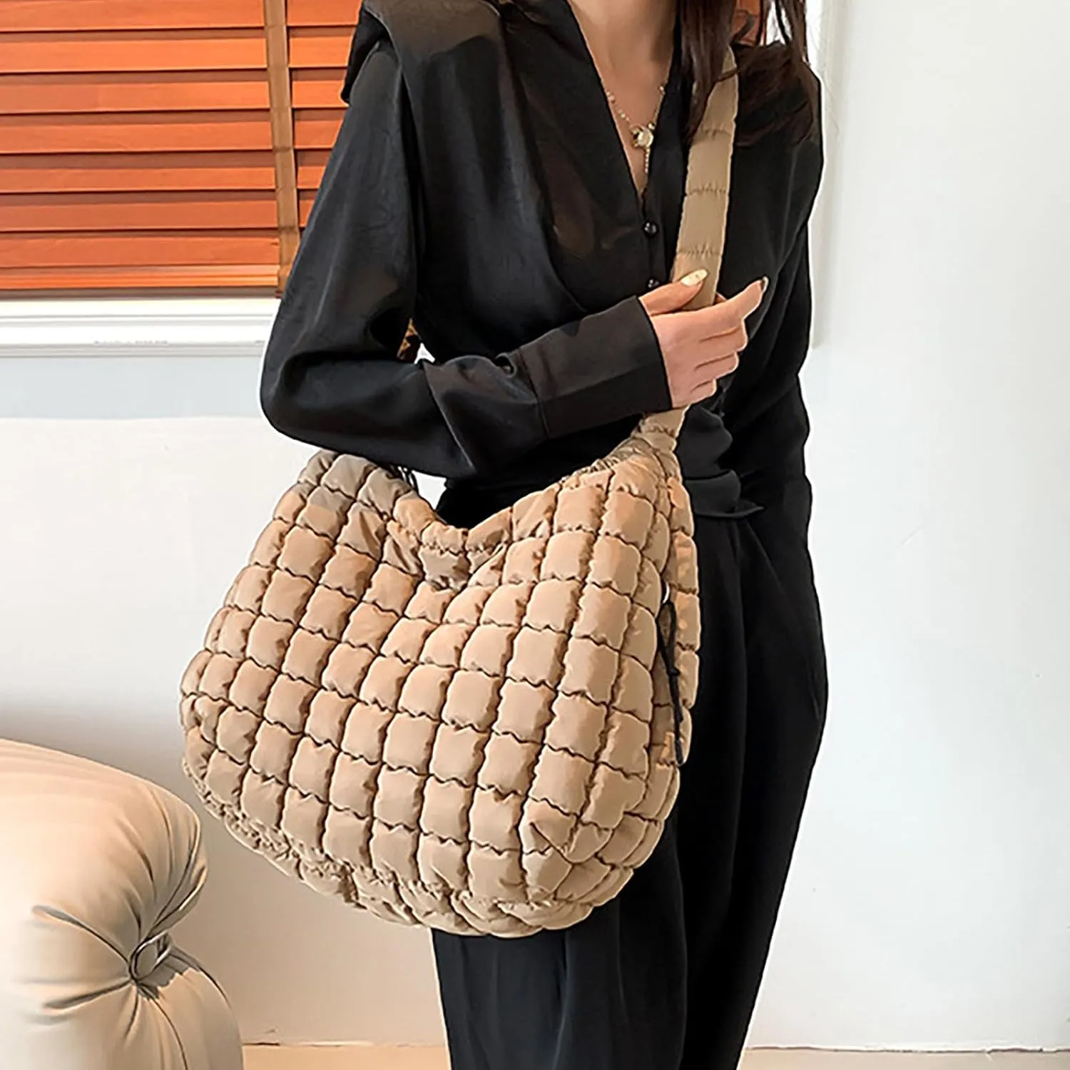 Puffer Tote Bag for Women Quilted Carryall Bags Large Crossbody Bag Puffy Shoulder Bag Lightweight Hobo Handbags