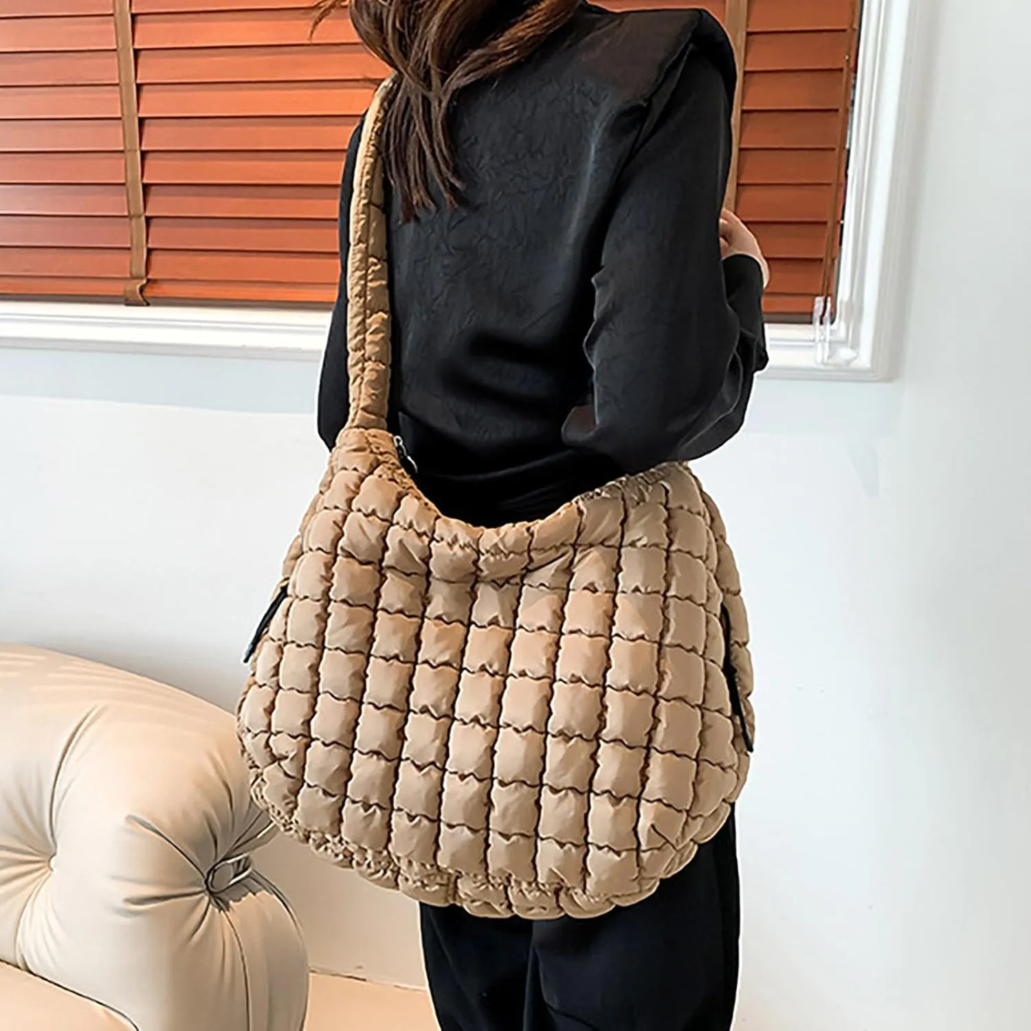 Puffer Tote Bag for Women Quilted Carryall Bags Large Crossbody Bag Puffy Shoulder Bag Lightweight Hobo Handbags