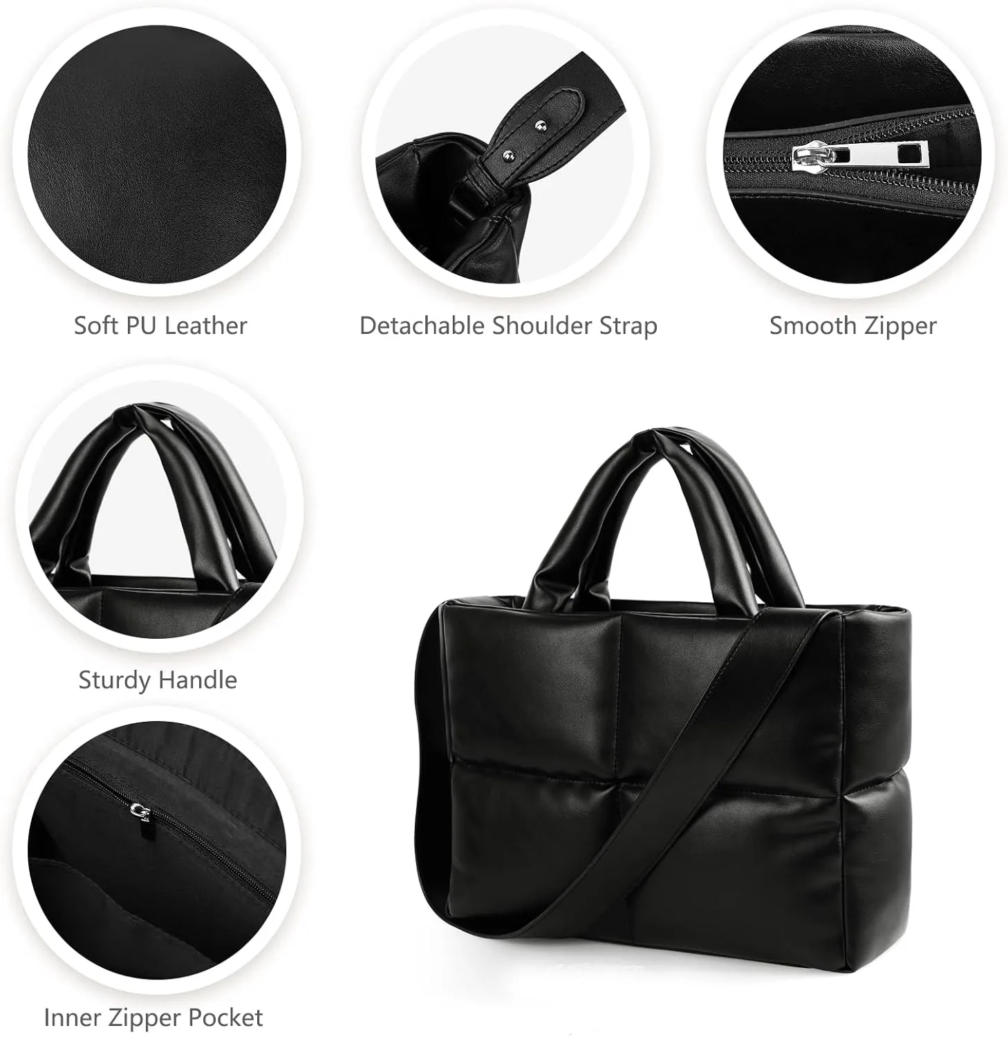 Puffer Tote Bag, Quilted Crossbody Bag with Zip, Top-Handle Shoulder Bags with Removable Strap, PU Leather Handbags for Women
