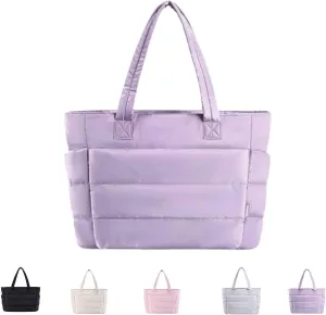 Puffer Travel Tote, Lightweight Puffy Tote Bag with Compartments, Large Capacity Quilted Shoulder Bags