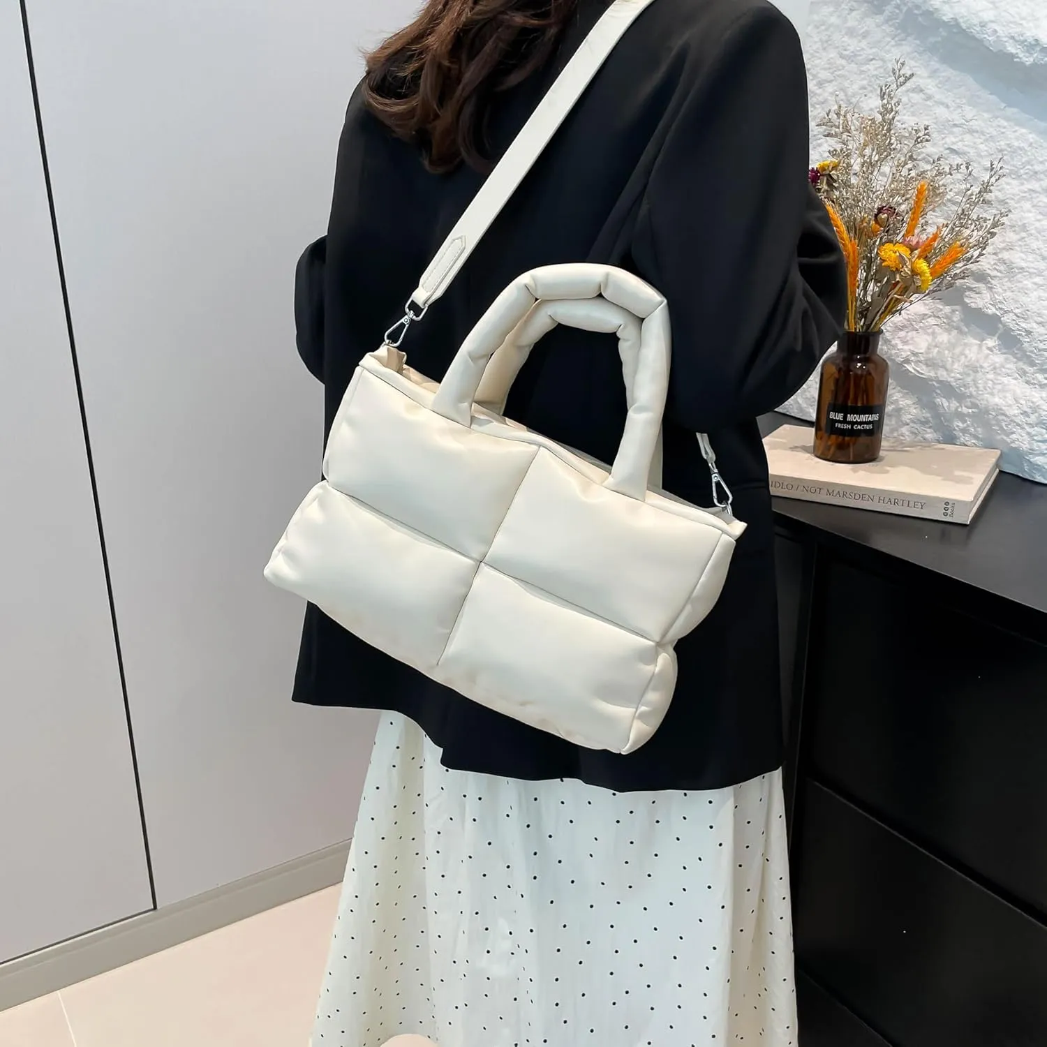 Puffy Handbags Tote Quilted Shoulder Crossbody Bag for Women Soft Vegan Leather Padded Purse