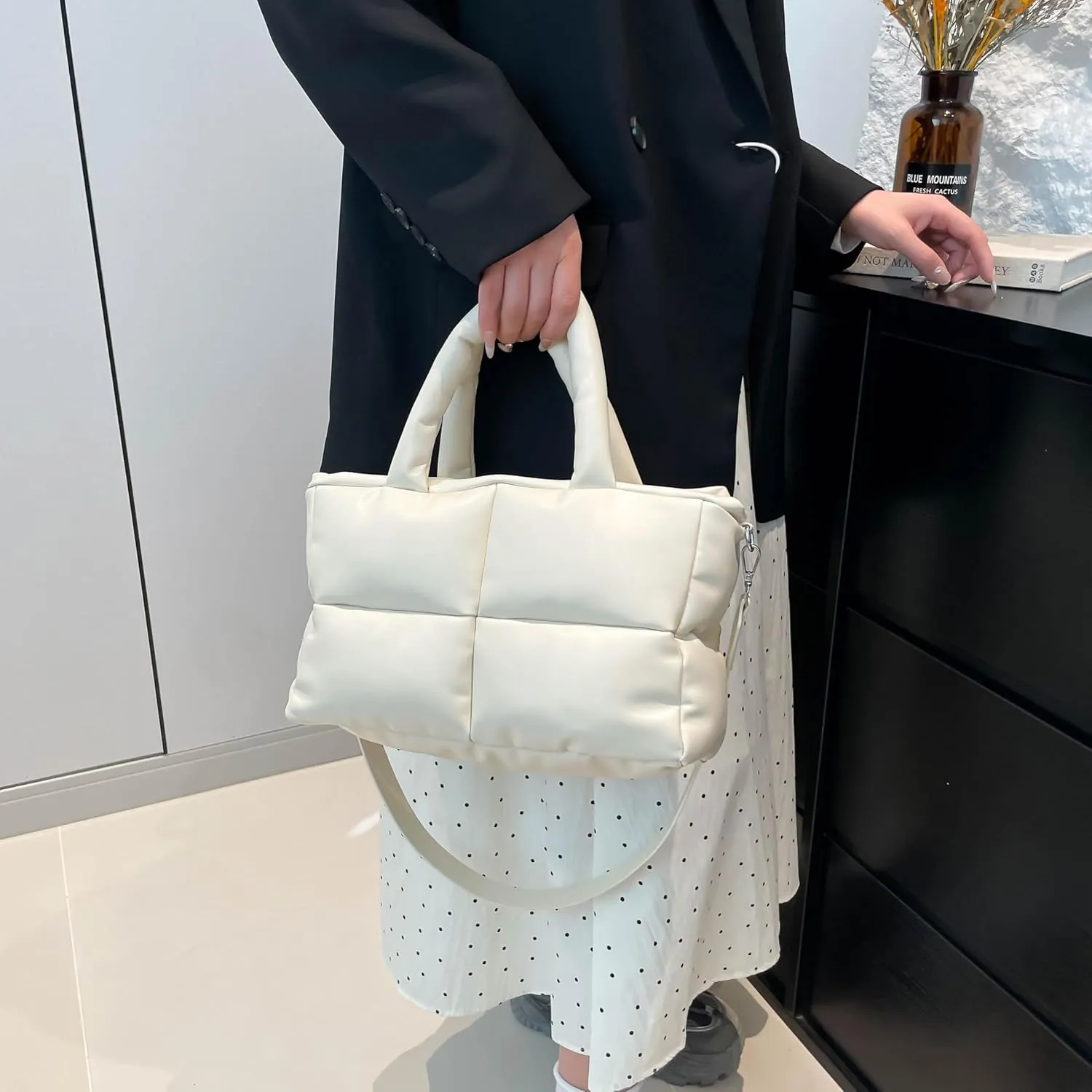 Puffy Handbags Tote Quilted Shoulder Crossbody Bag for Women Soft Vegan Leather Padded Purse