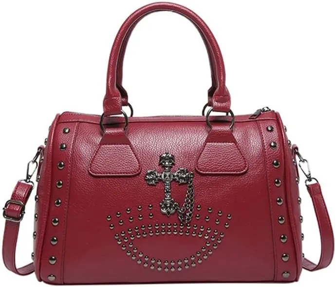 Punk Styles Skull Handbag Large Capacity Studded Doctor Bag with Adjustable Strap Large Capacity Shoulder Bag for Women