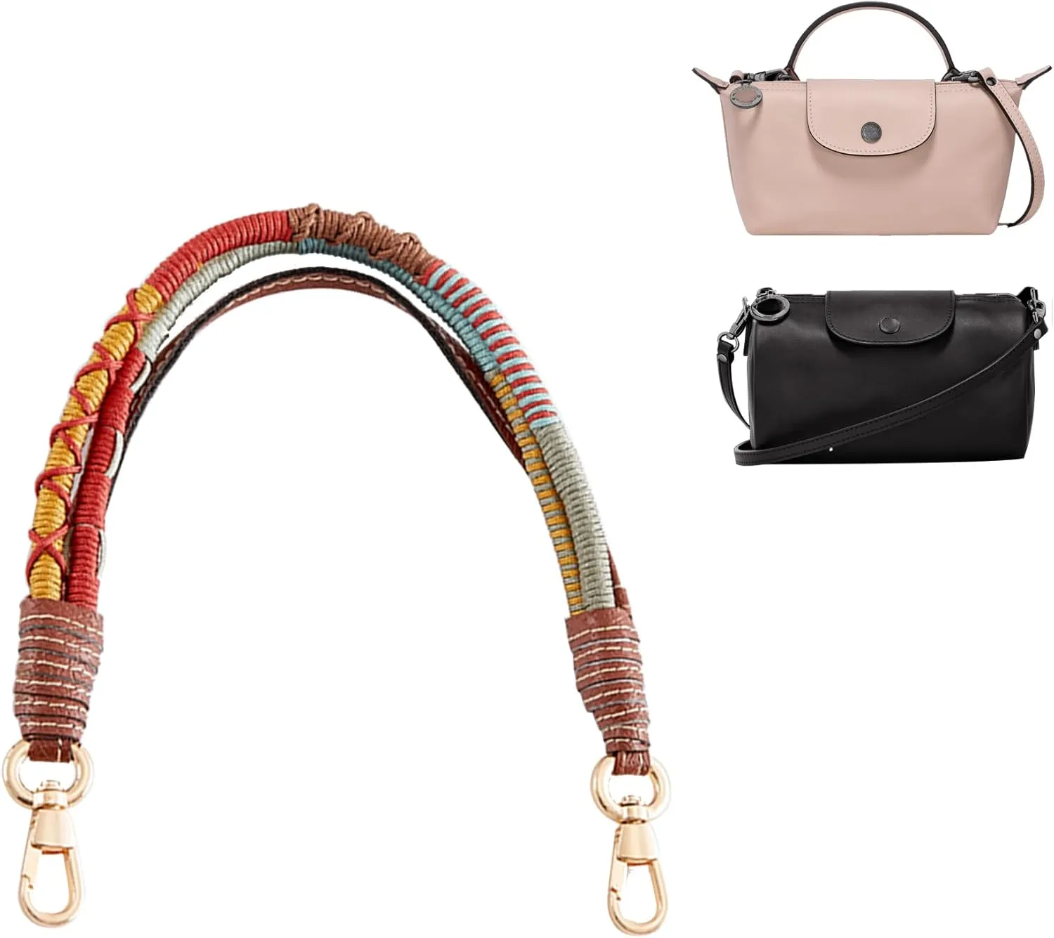 Purse Strap Replacement for Handbags, Handmade Woven Handheld Strap Compaitble with Longchamp Xtra Mini Bags, Premium Leather & Fabrics Bag Straps for Women Handbag, 14.4in/Brown