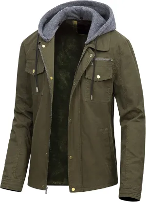 Pursky Men's Canvas Cotton Military Casual Field Jacket Outerwear With Removable Hood