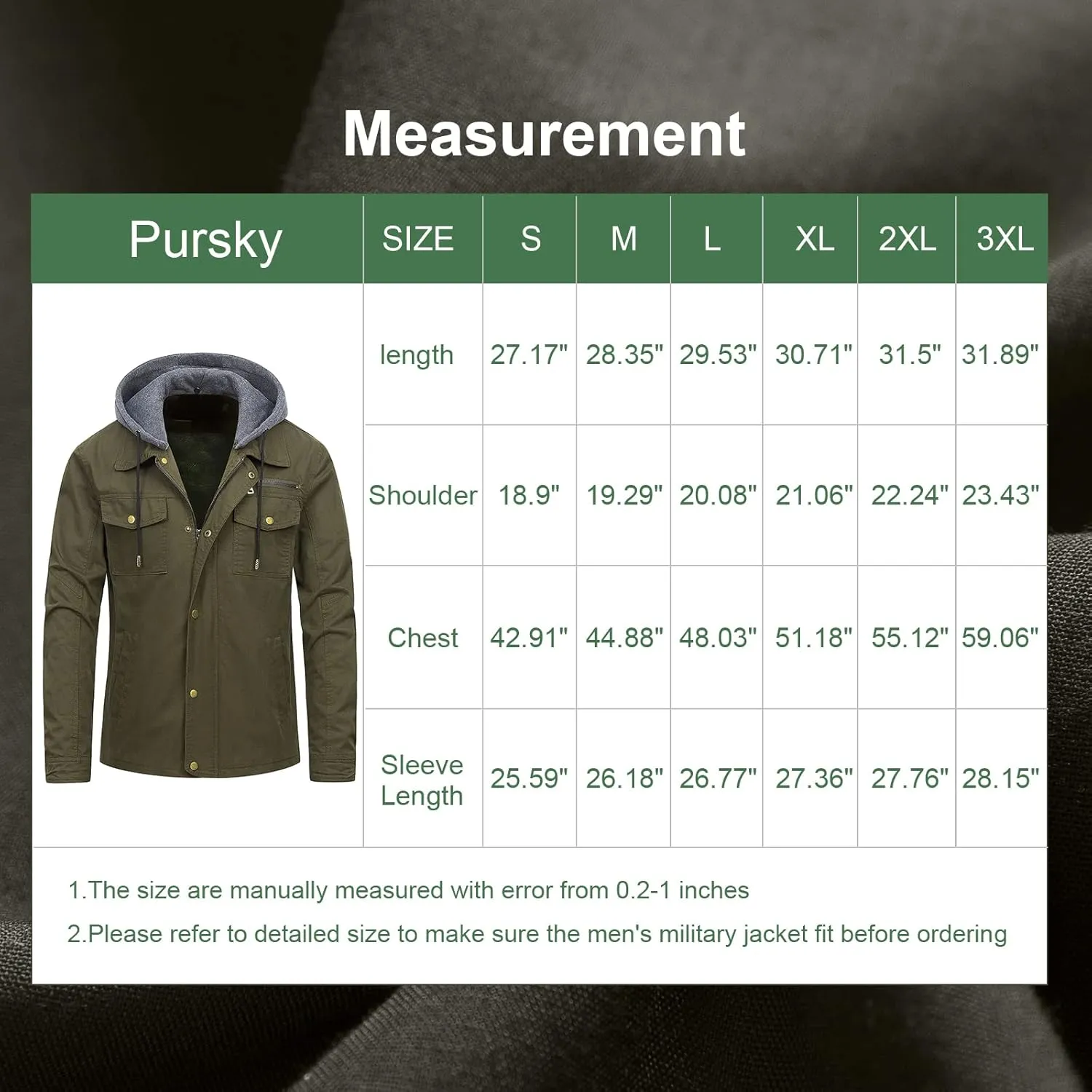 Pursky Men's Canvas Cotton Military Casual Field Jacket Outerwear With Removable Hood