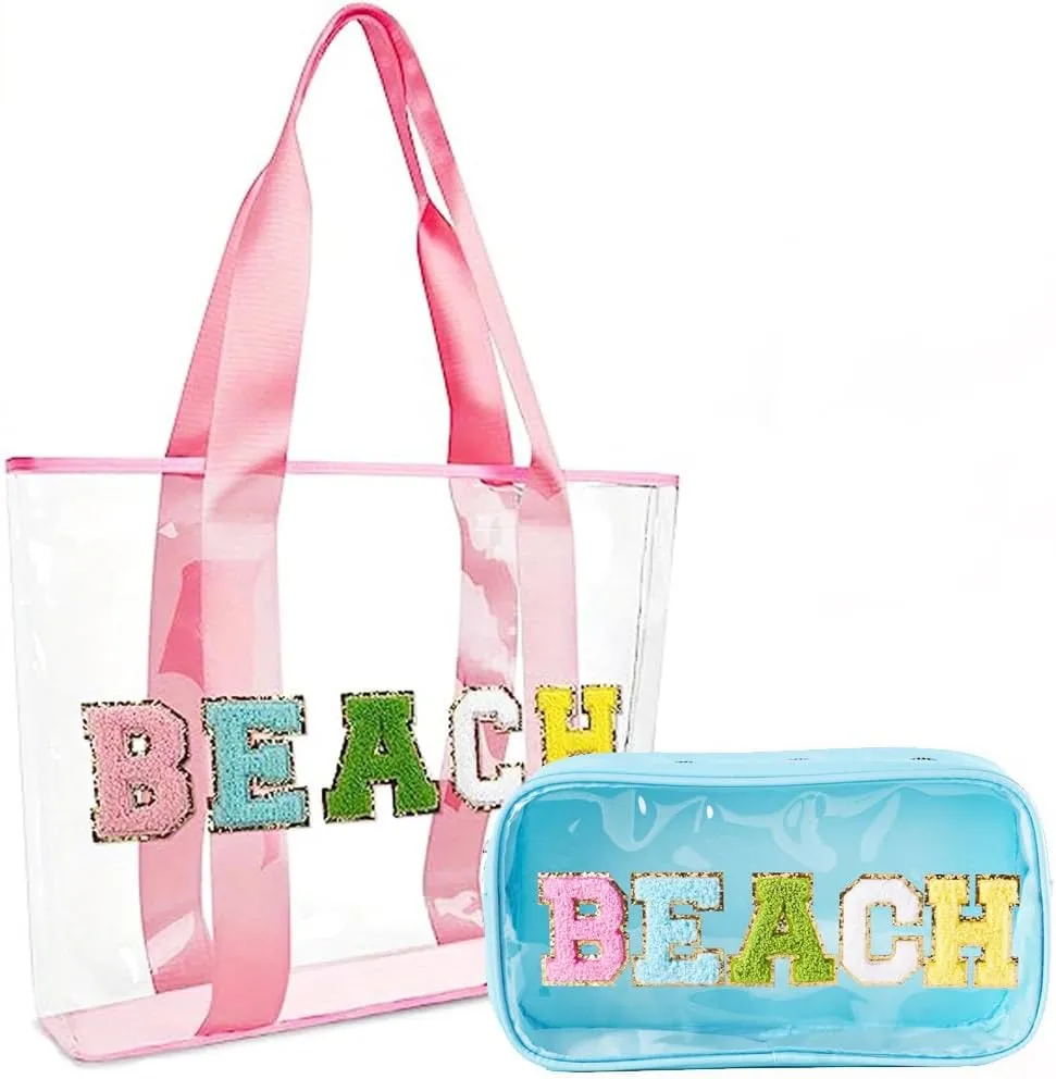 PVC Tote Bag with Chenille Letters for Women- Waterproof Transparent Reusable Large Capacity See-Through Design