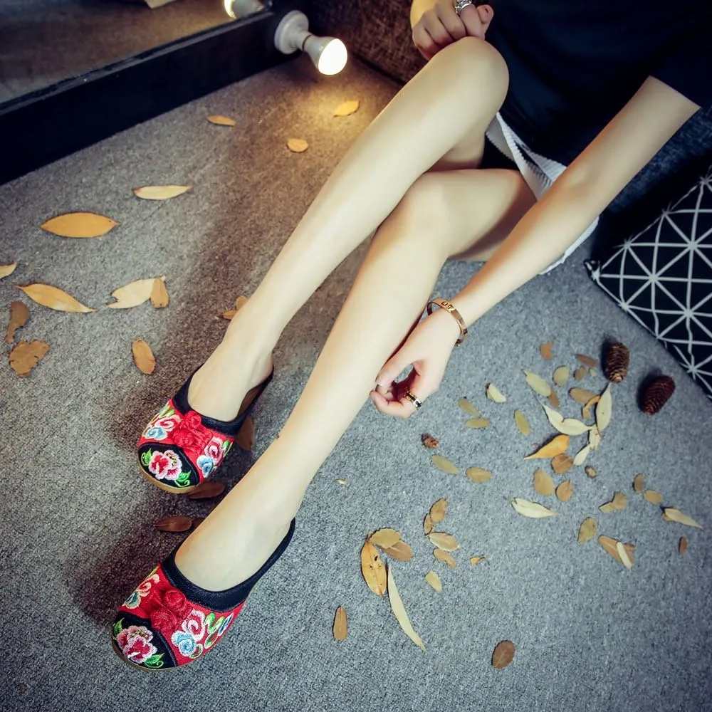 Qhome Women's Chinese Floral Embroidery Comfortable Linen Casual Mules Wedge Slippers Shoes