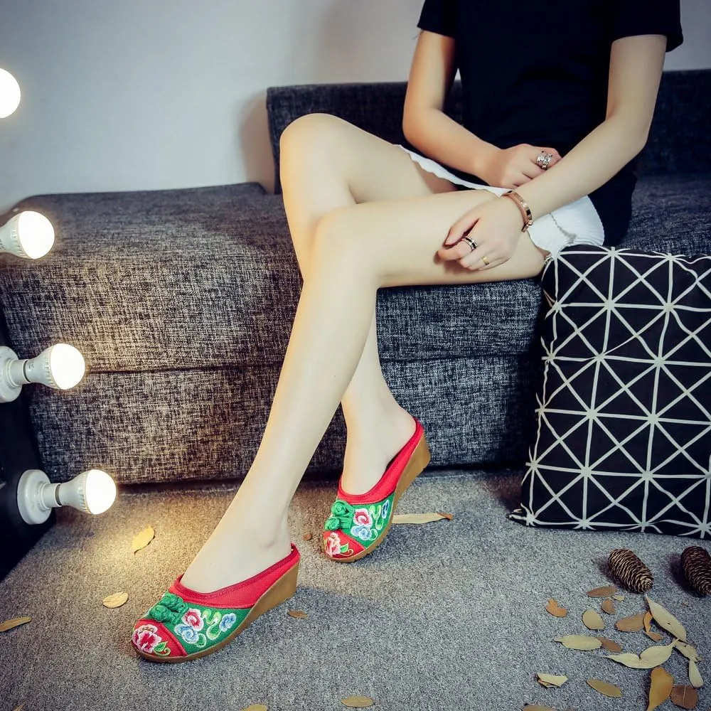 Qhome Women's Chinese Floral Embroidery Comfortable Linen Casual Mules Wedge Slippers Shoes