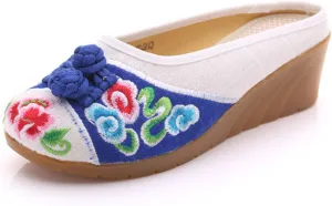 Qhome Women's Chinese Floral Embroidery Comfortable Linen Casual Mules Wedge Slippers Shoes